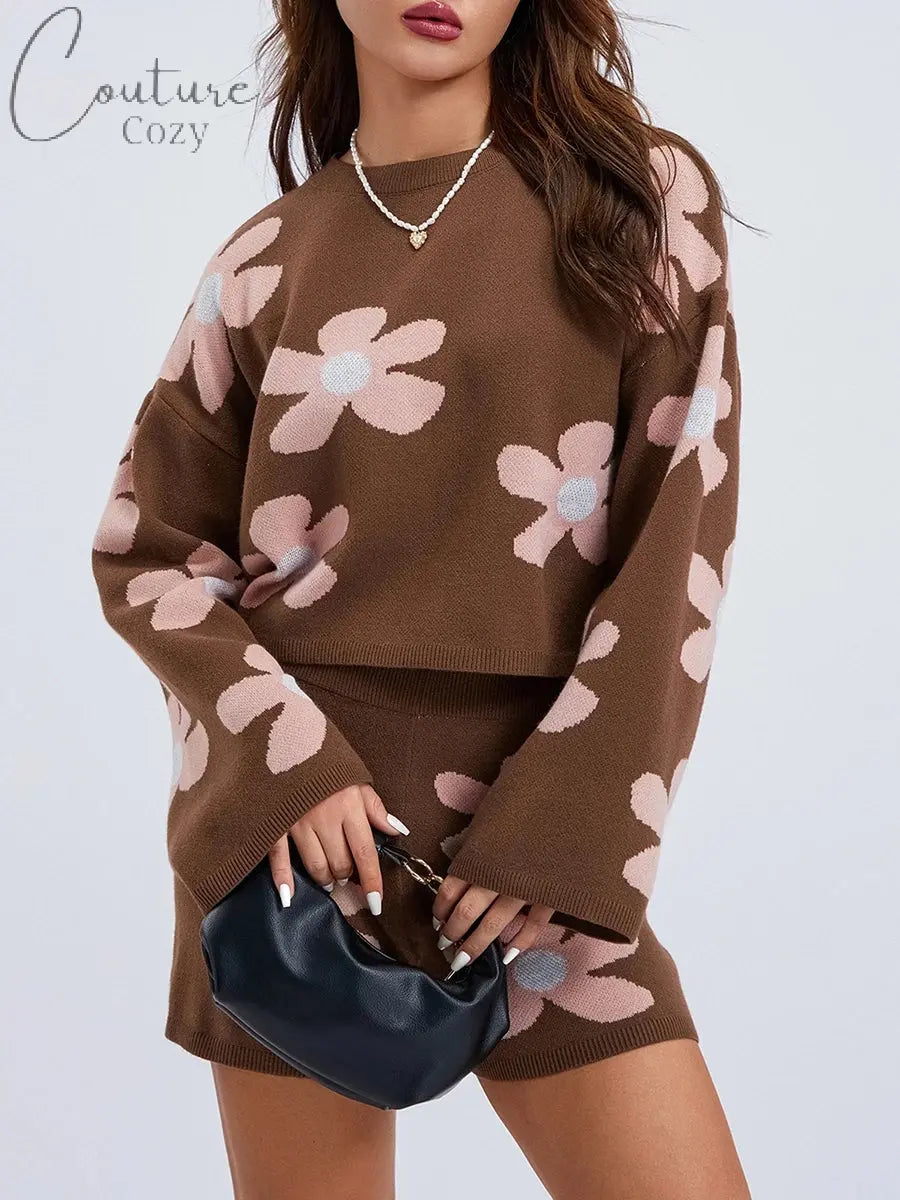 ZJLJAYCHOU Women 2 Piece Lounge Outfits Long Sleeve Crew Neck Floral Knit Sweatsuit Knit Pajamas Set Loungewear Couture Cozy