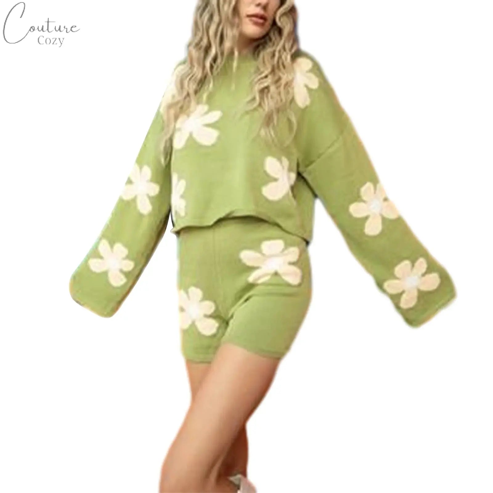 ZJLJAYCHOU Women 2 Piece Lounge Outfits Long Sleeve Crew Neck Floral Knit Sweatsuit Knit Pajamas Set Loungewear Couture Cozy