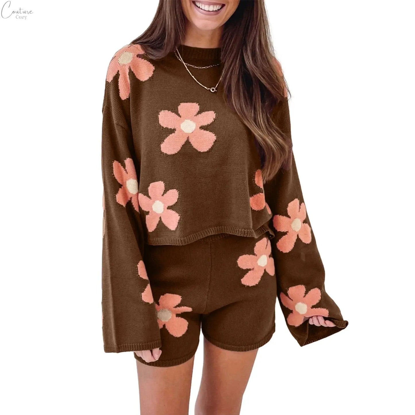 ZJLJAYCHOU Women 2 Piece Lounge Outfits Long Sleeve Crew Neck Floral Knit Sweatsuit Knit Pajamas Set Loungewear Couture Cozy
