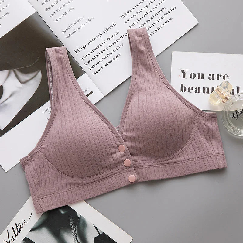 Soft ribbed wireless bra in mauve, featuring front buttons, ideal for everyday comfort and support