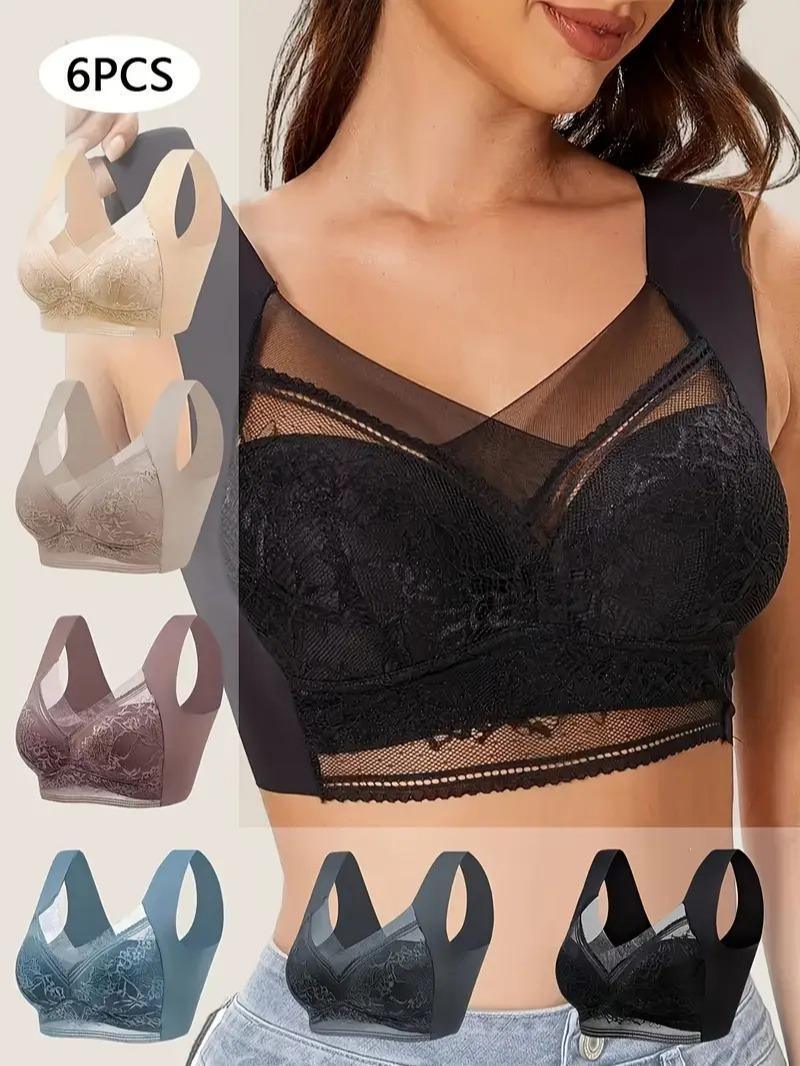 Six-piece set of women’s lace bras in assorted colors, featuring a comfortable, supportive, and elegant mesh design ideal for everyday wear.