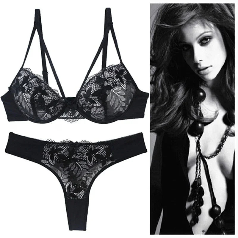 Black lace bra and panty lingerie set for women, featuring stylish, comfortable design for everyday confidence.