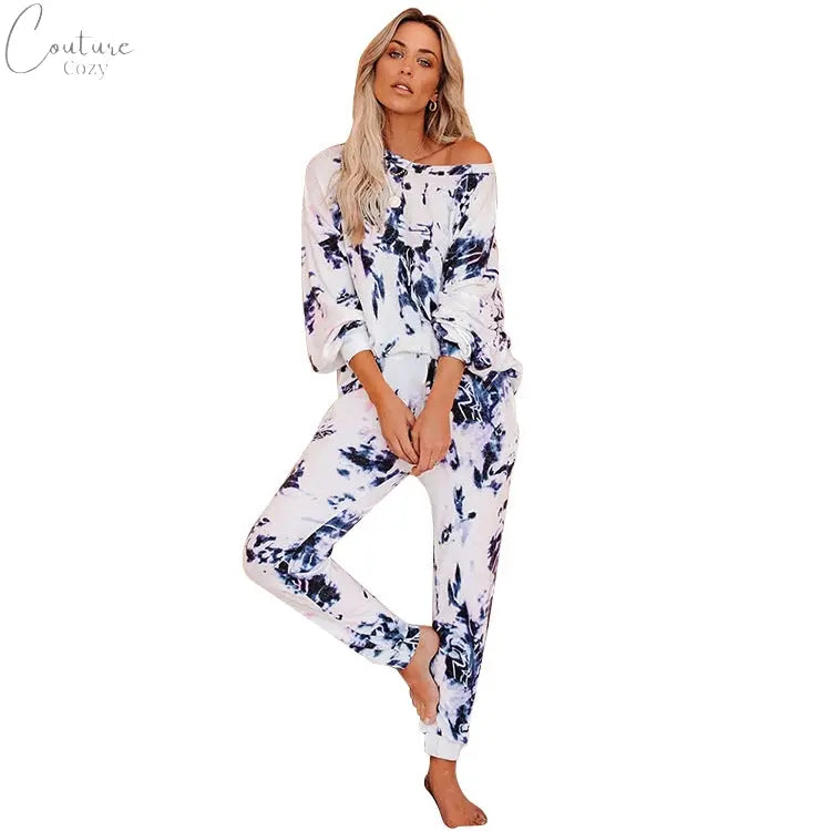 women's Tie-Dye Home Comfortable Round Neck Long Sleeve Casual Pajamas Set Couture Cozy